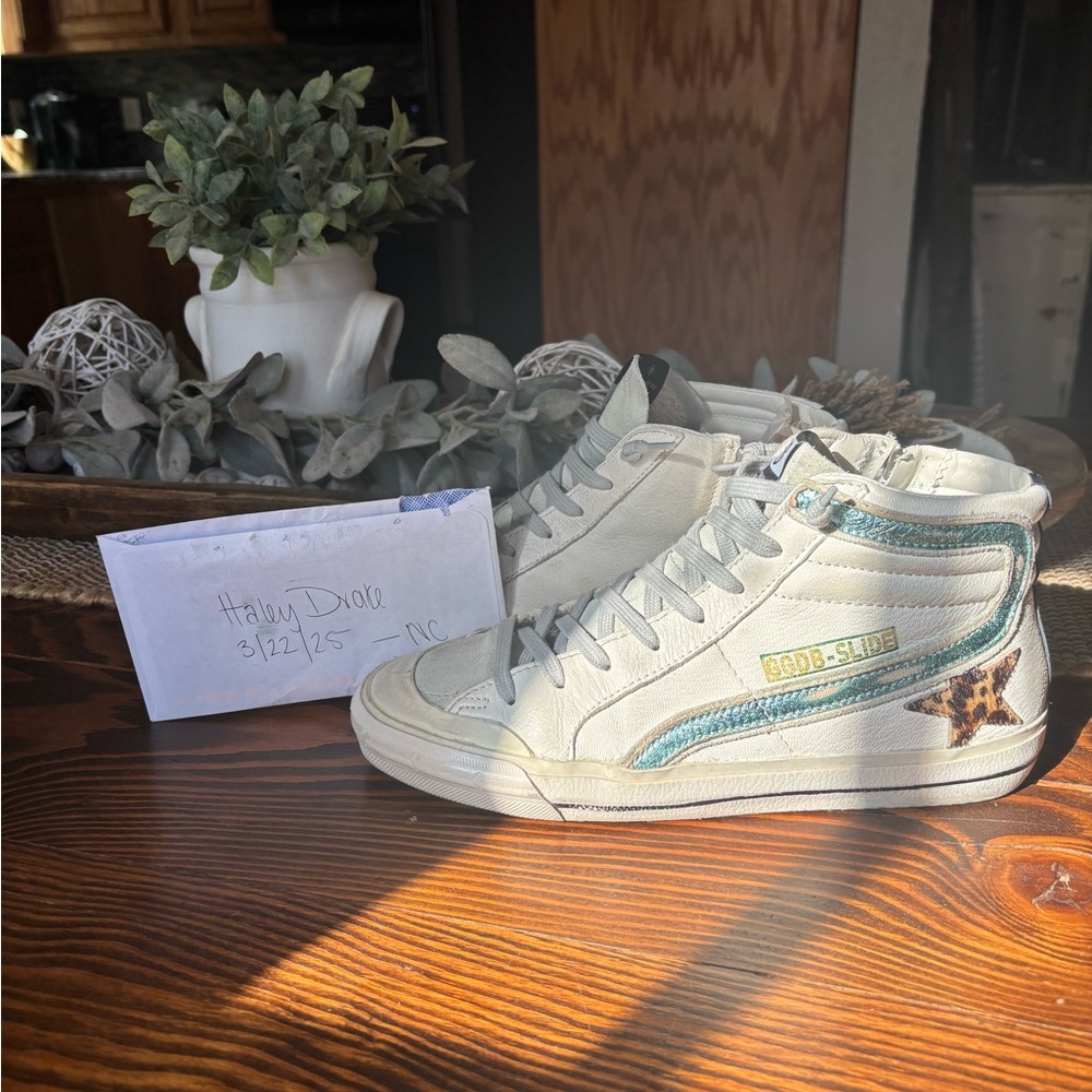 Golden Goose White and Green High-Top Sneakers with Iridescent Details